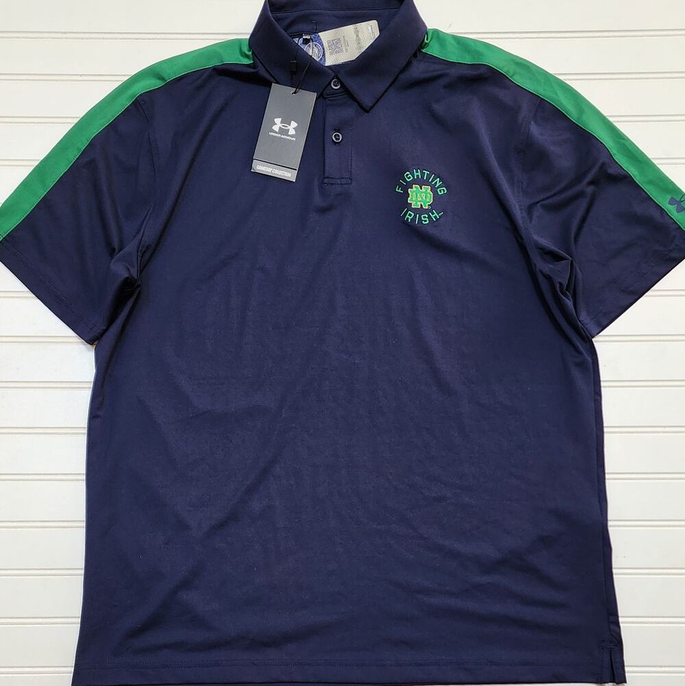 NWT Under Armour Men's Notre Dame Fighting Irish Polo Shirt Size L Navy & Green